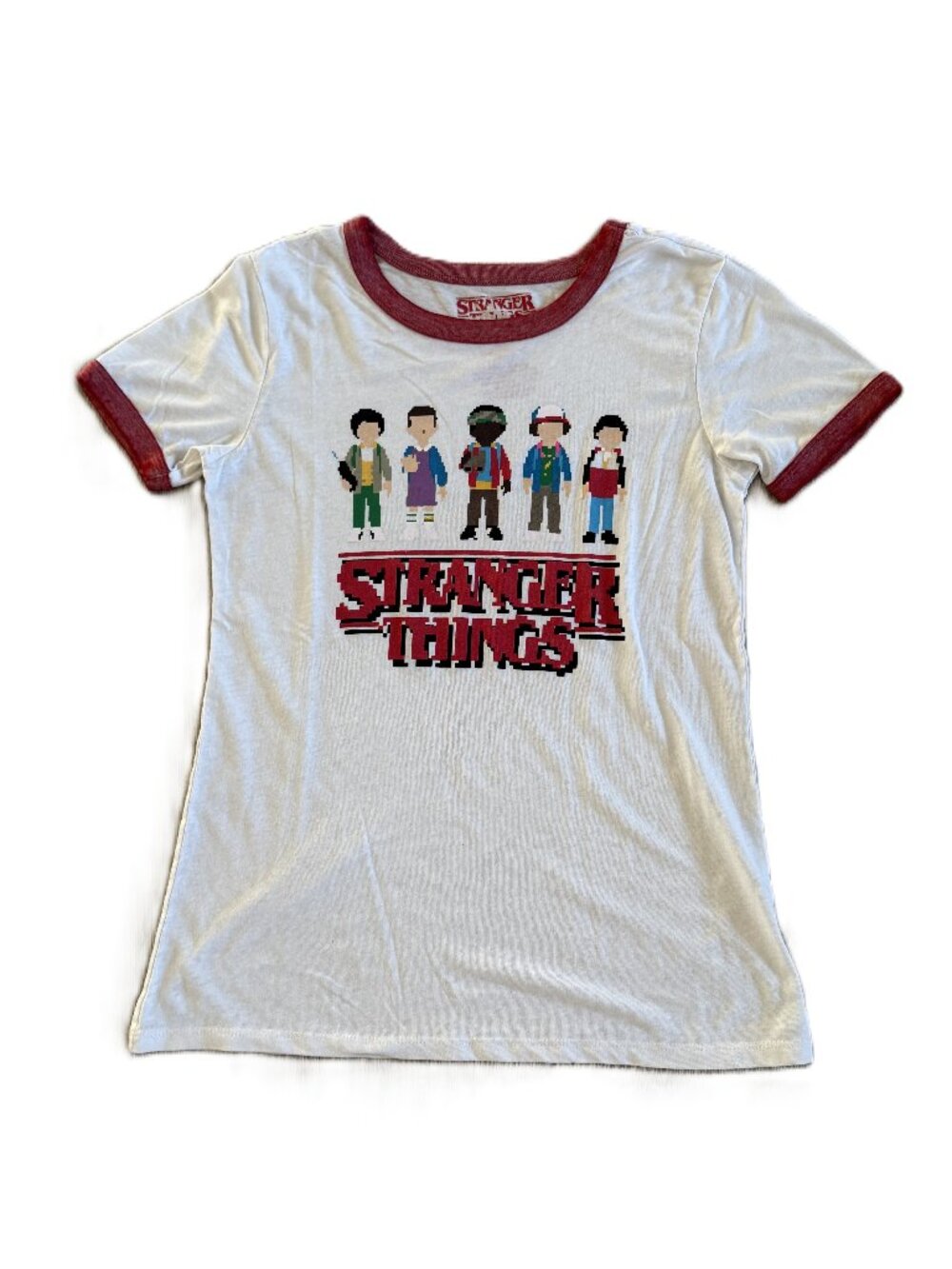 Stranger Things Pixel Art Ringer Tee - Retro 8‑Bit Cast Graphic - Size S